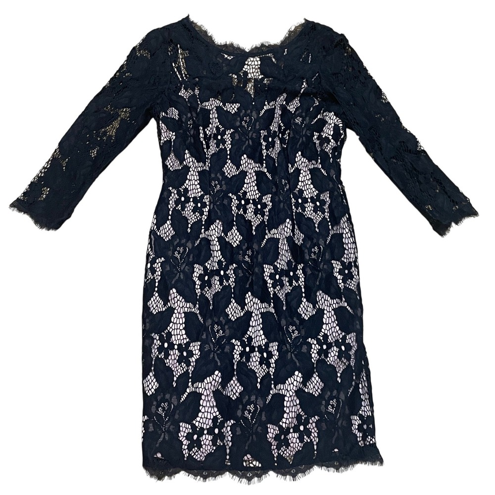 Adrianna Papell Women's 8P Black Floral Lace Sheath Dress 3/4 Sleeve Nude Lining